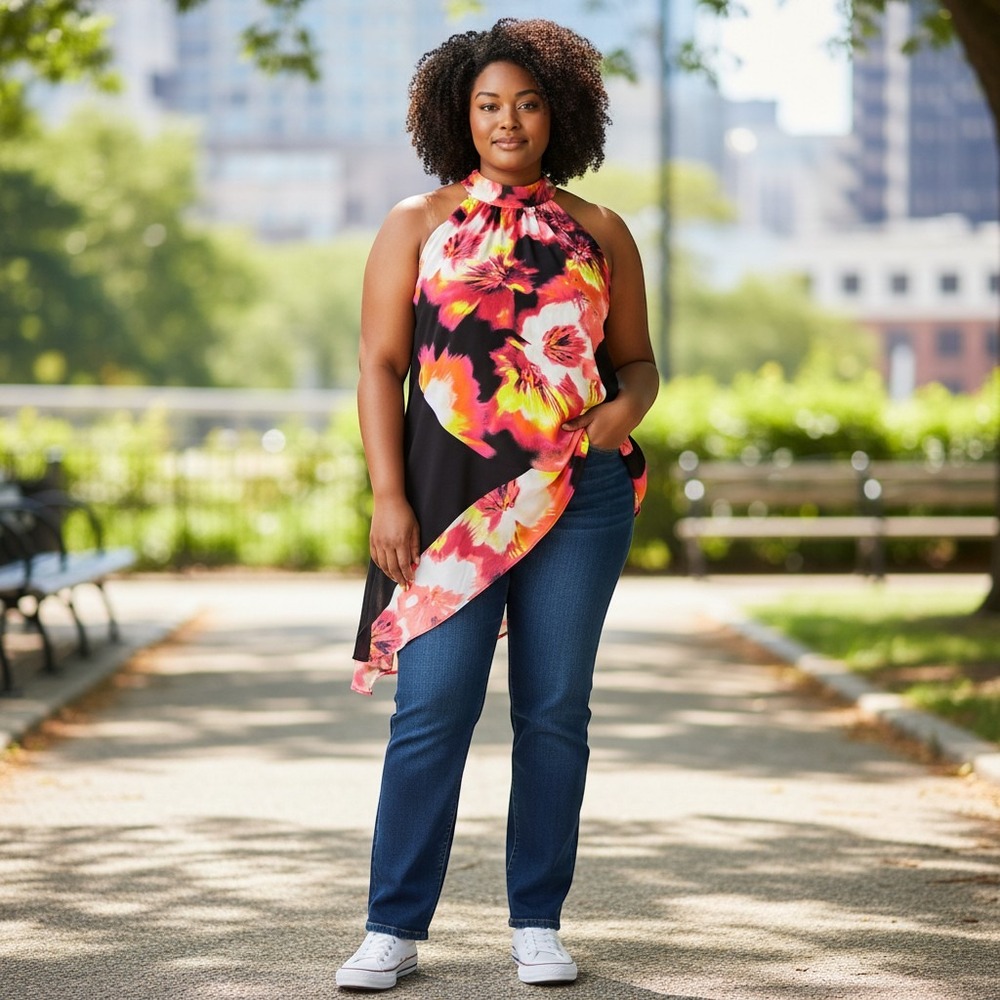 Worthington Woman 1X Floral Halter Top Pink Orange Black Asymmetrical Hem Blouse